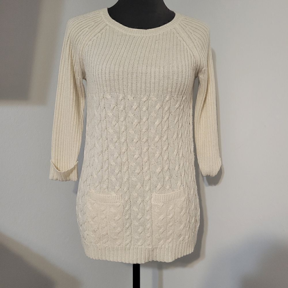 Arizona Jeans Women's Cream Long Sleeves Cable Knit Crewneck Sweater Size L